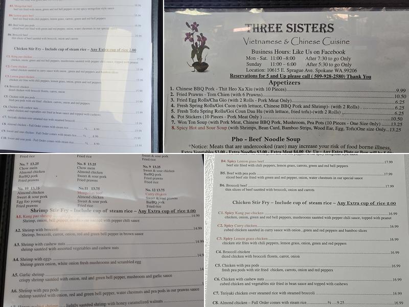 Three Sisters Restaurant Menu