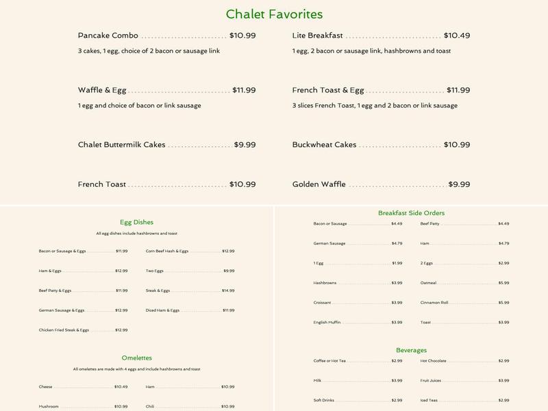 The Chalet Restaurant Menu
