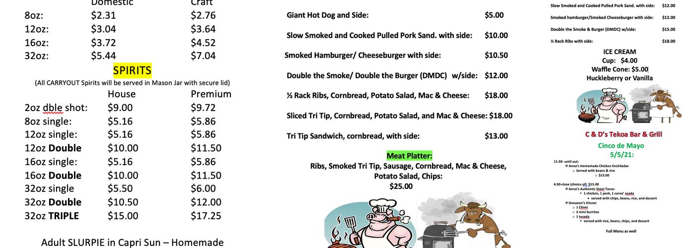 C & D's Tekoa Bar & Grill Menu