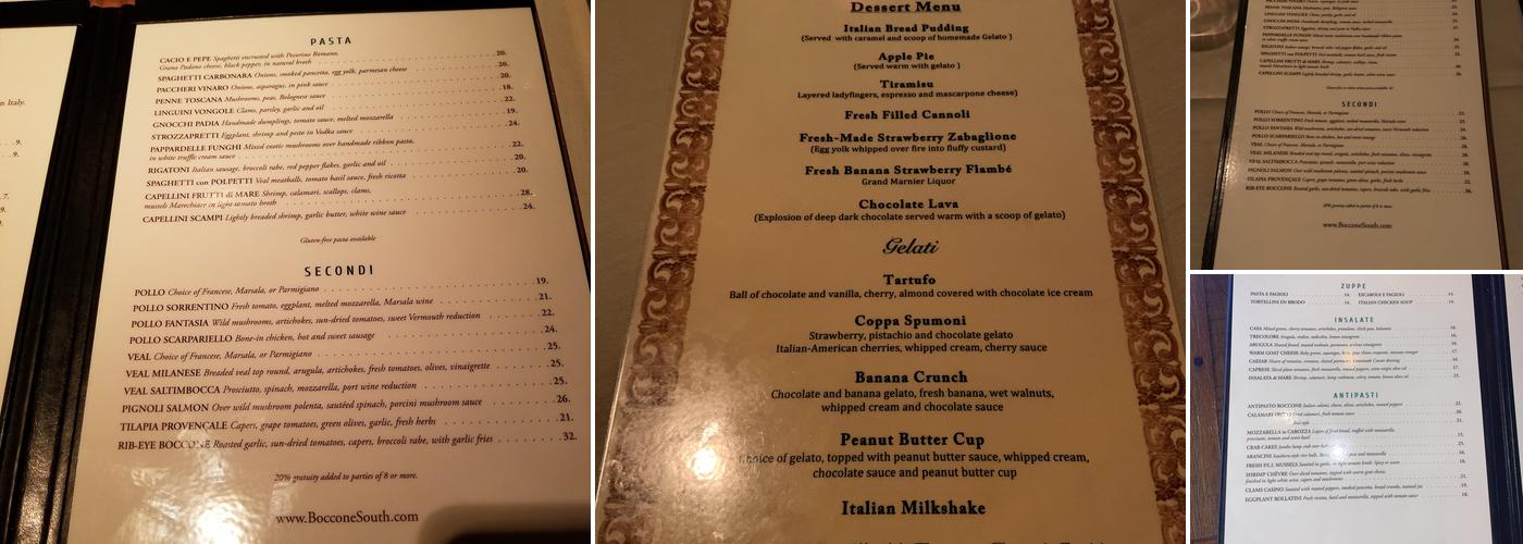 Boccone South Menu