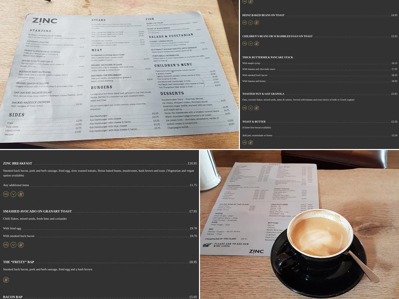 Zinc Cafe Bar & Grill Menu