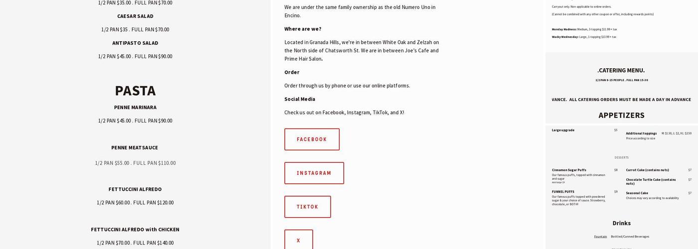 Numero Uno Pizza Menu