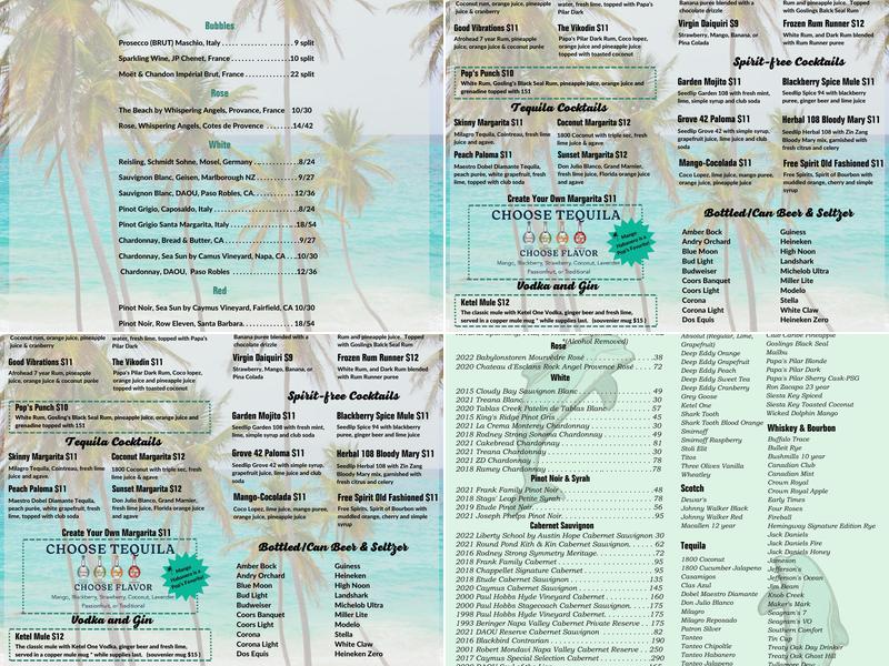 Pop's Sunset Grill Menu