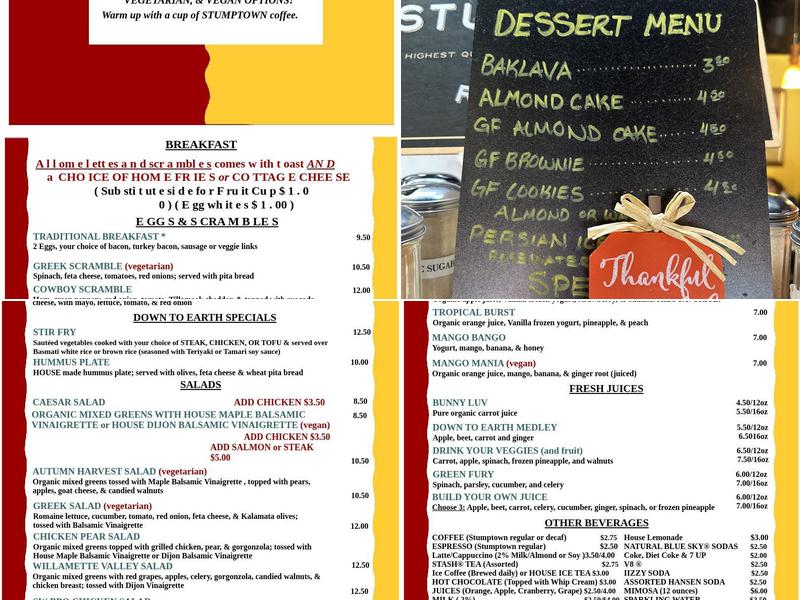 Down to Earth Cafe Menu