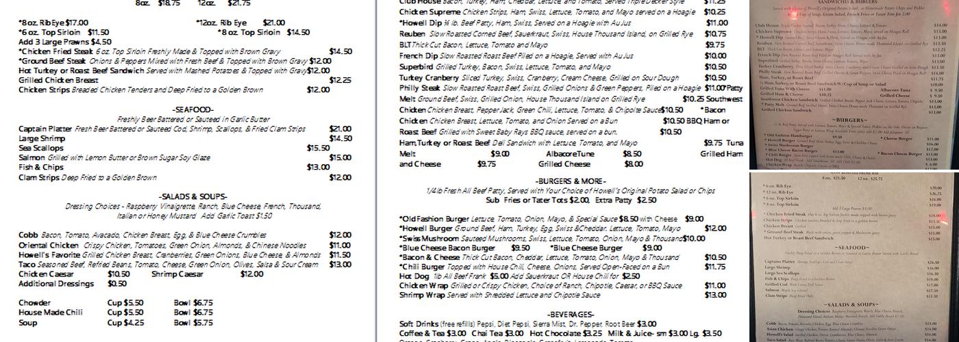 Howell's Restaurant Menu