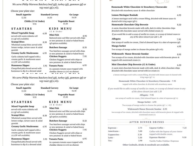 Widemouth Manor Menu