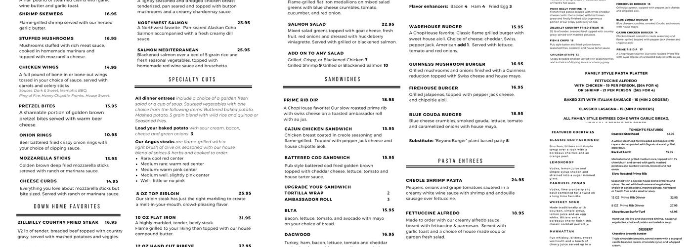 The ChopHouse at The Old Warehouse Menu