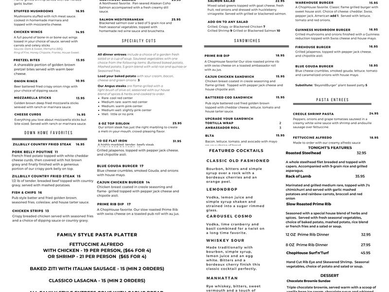 The ChopHouse at The Old Warehouse Menu