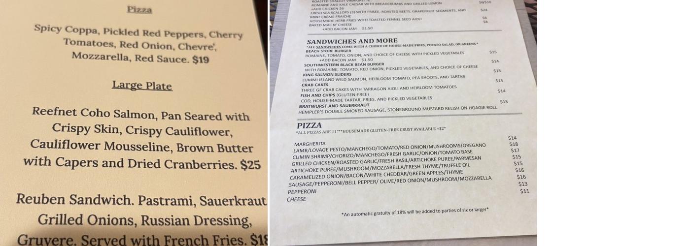 Beach Store Cafe Menu