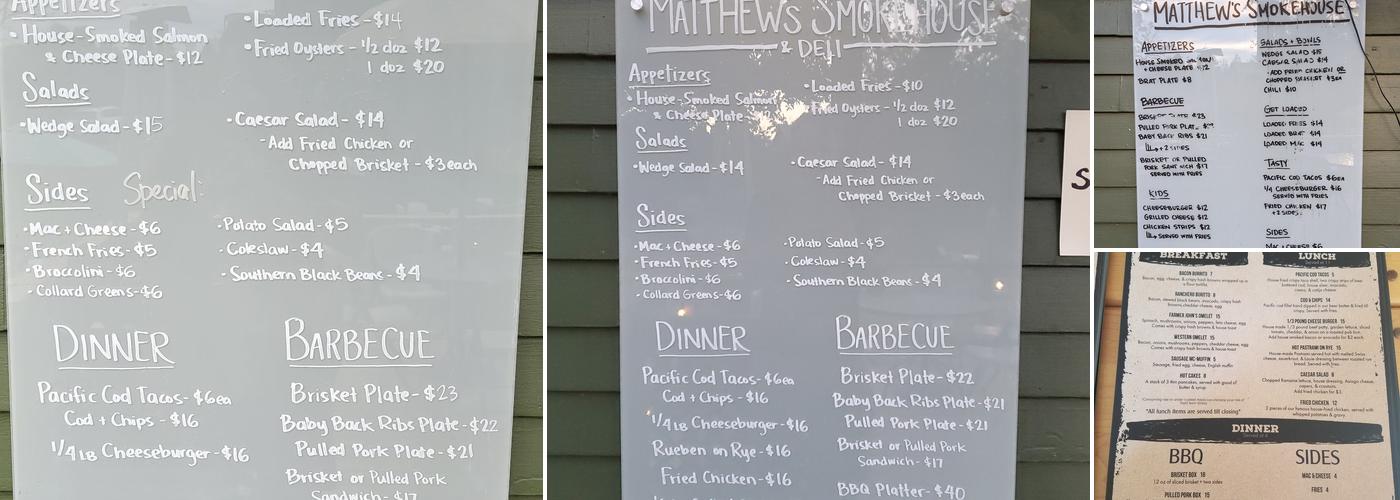 Matthew’s Smokehouse Menu