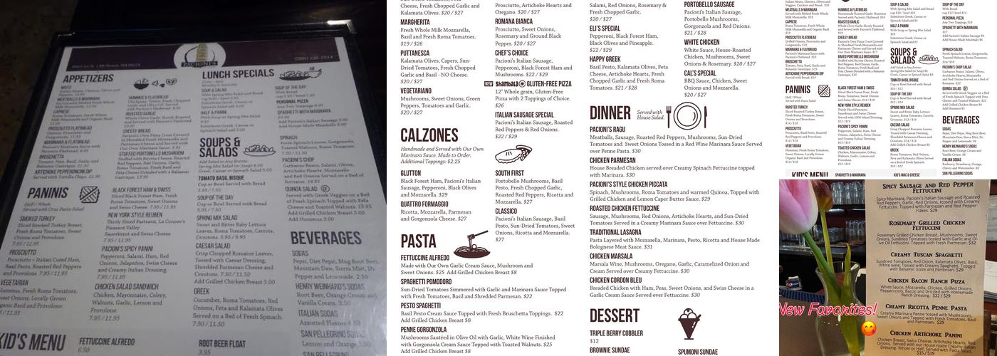 Pacioni's Pizzaria Menu