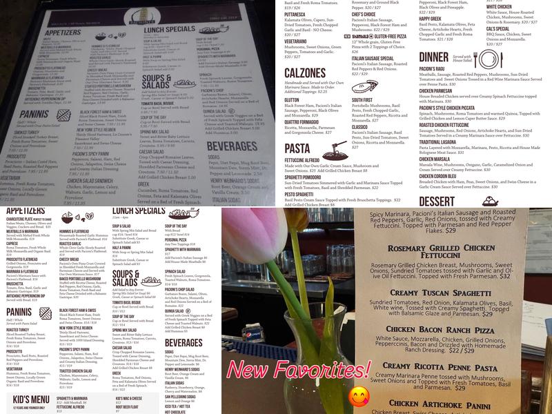 Pacioni's Pizzaria Menu