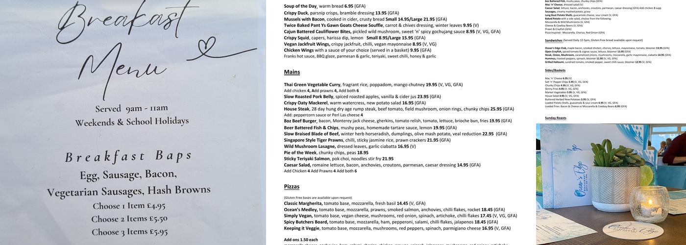 Ocean’s Edge Restaurant Menu