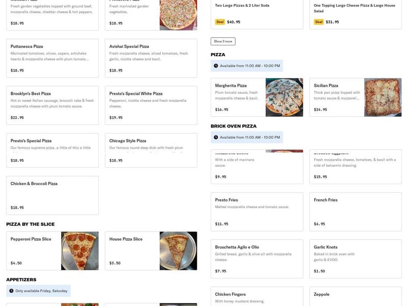 Original Presto's Menu