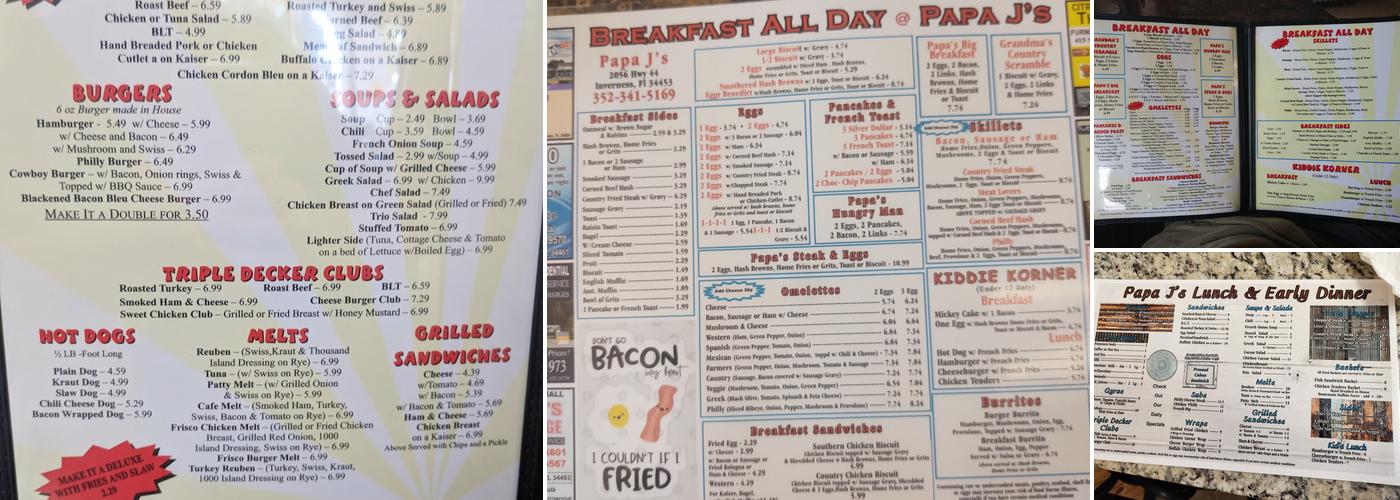 Papa J's Diner Menu