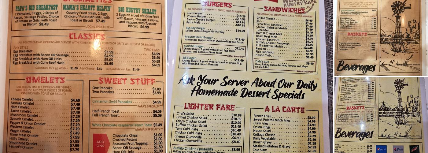 Mama's Kuntry Kafe Menu