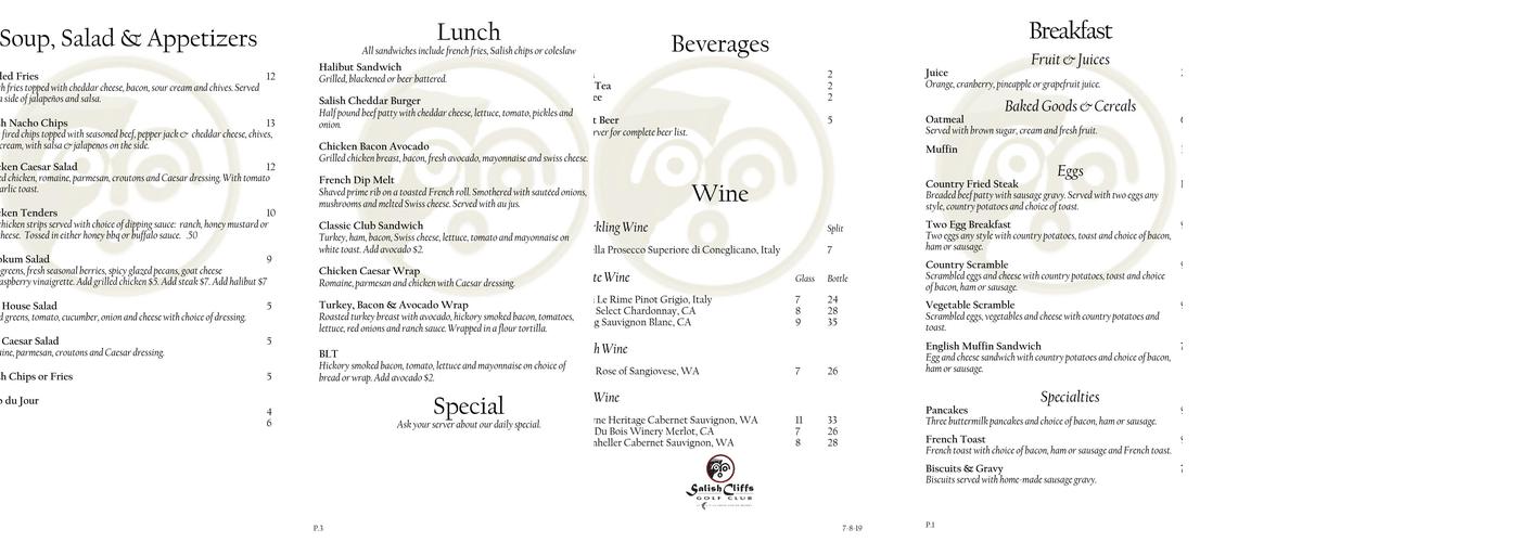 Salish Cliffs Grille Menu