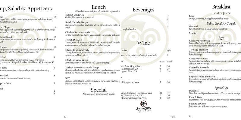 Salish Cliffs Grille Menu
