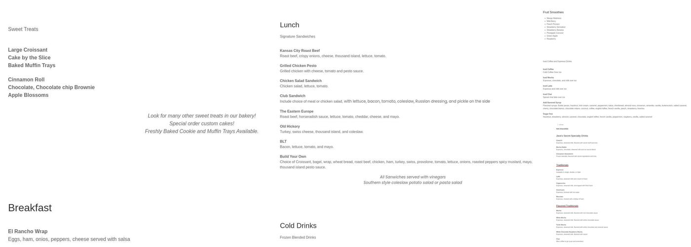 Java's Brewing Bakery and Cafe Menu