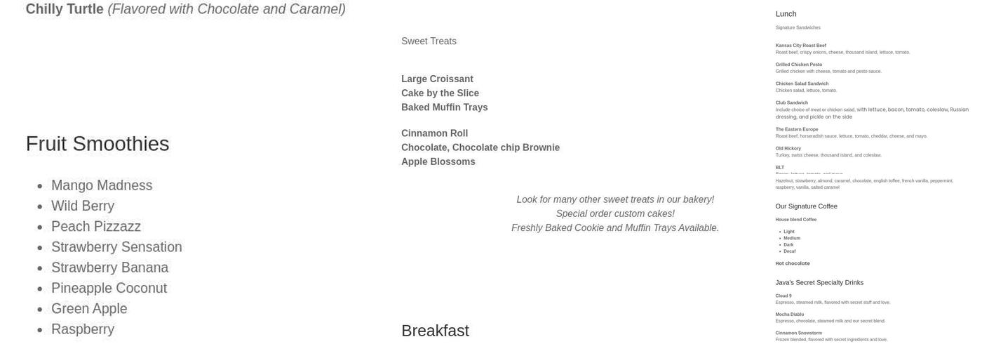 Java's Brewing Bakery and Cafe Menu