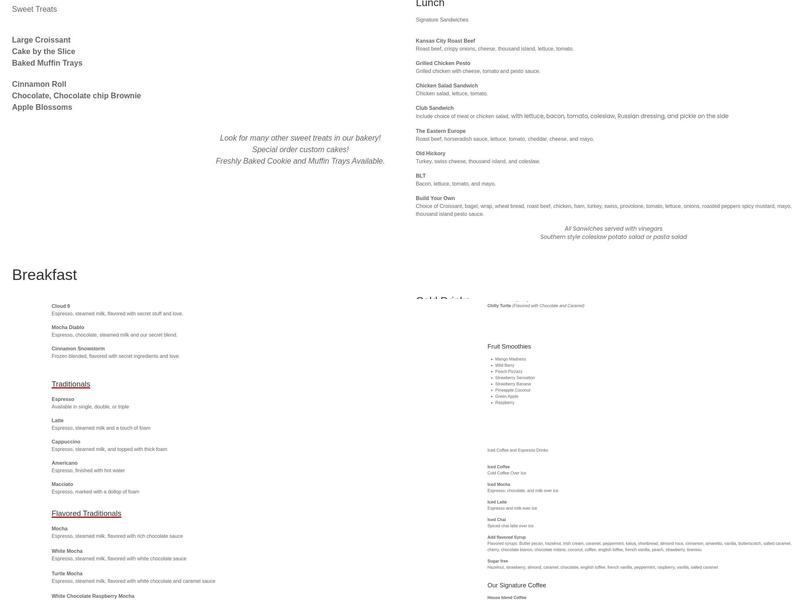 Java's Brewing Bakery and Cafe Menu