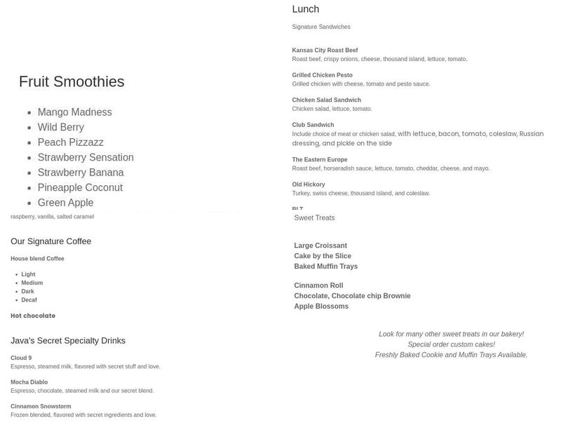 Java's Brewing Bakery and Cafe Menu