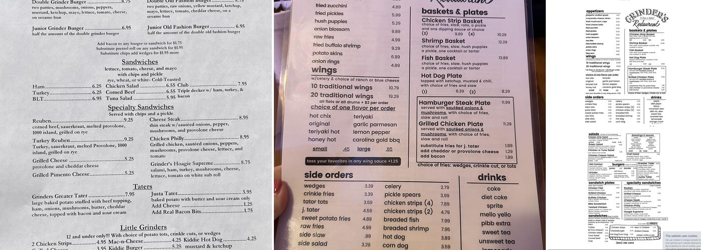 Grinder's Restaurant Menu