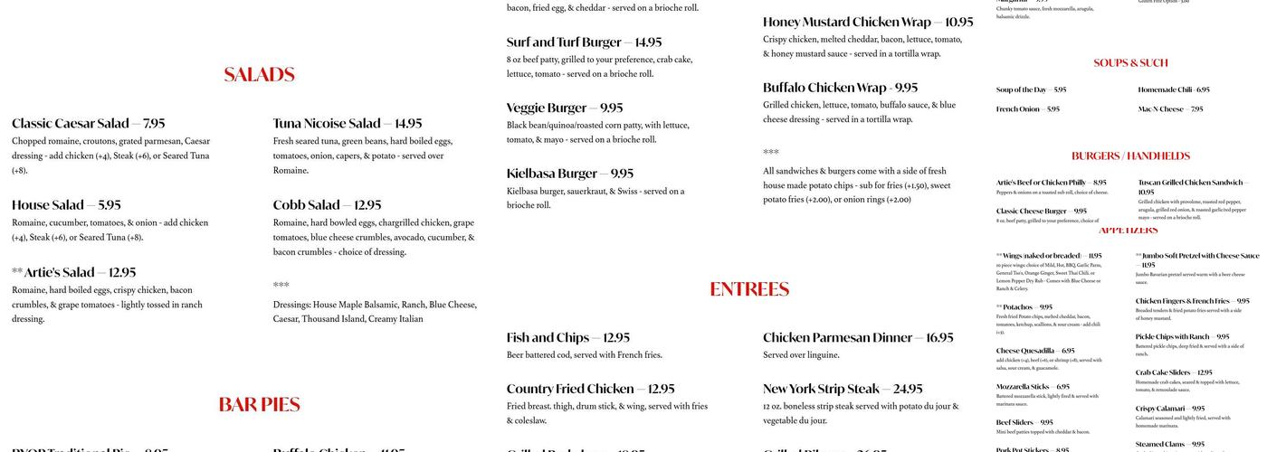 Arties Bar and Grill Menu