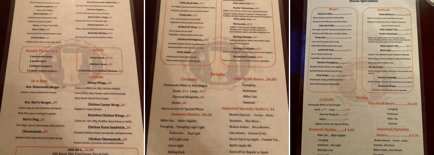 Bart's Bar and Grill Menu