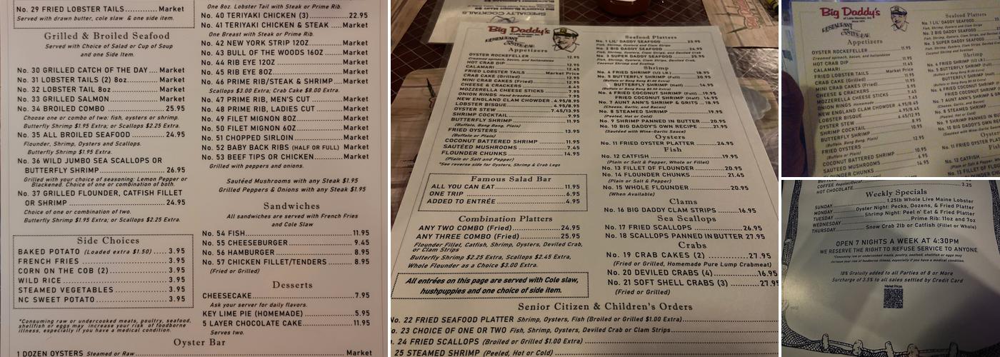 Big Daddy's Restaurant and Oyster Bar Menu