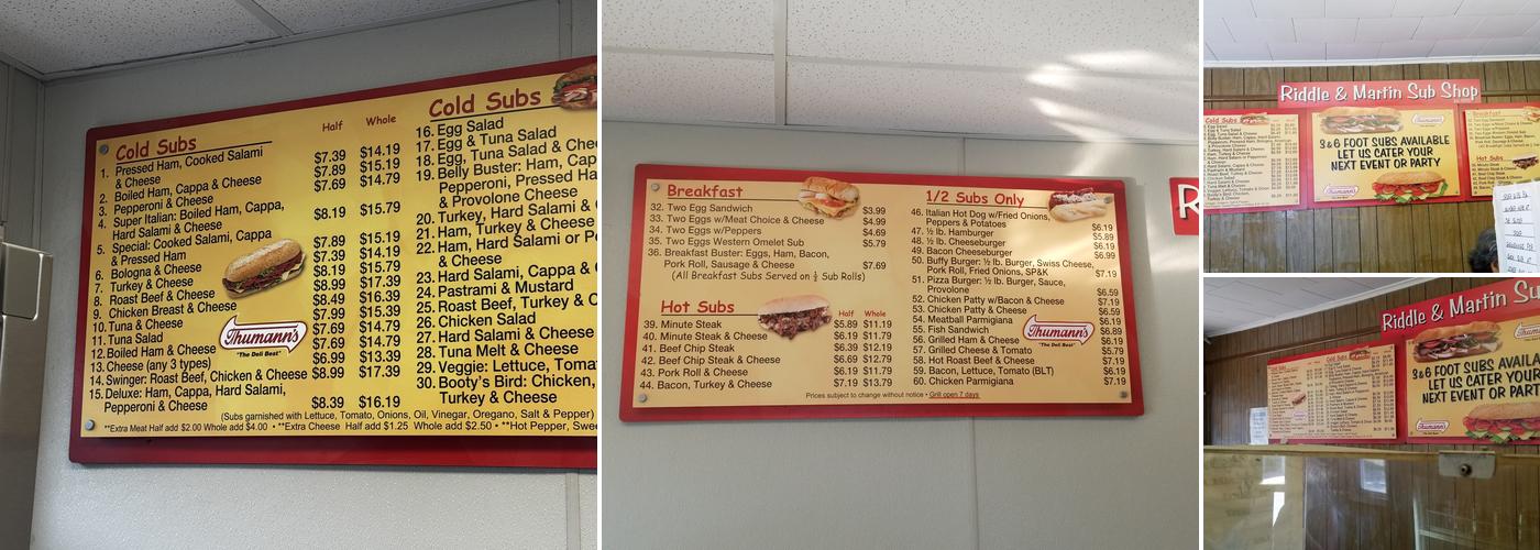 Riddle & Martin Sub Shops Menu