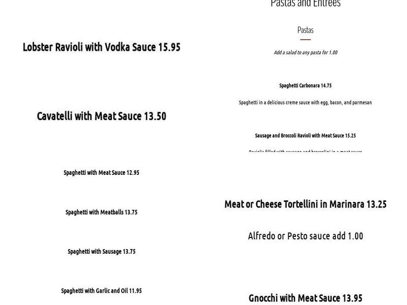 Two Cousins Pizza and Pasta Menu