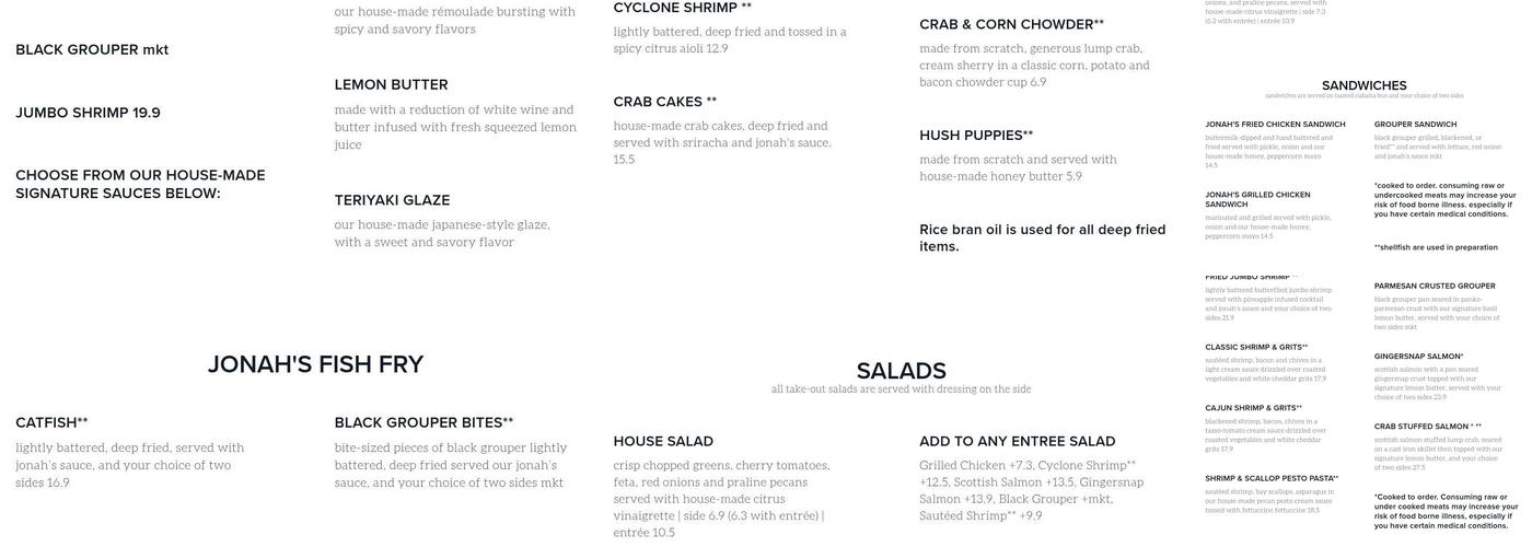 Jonah's fish & grits Menu