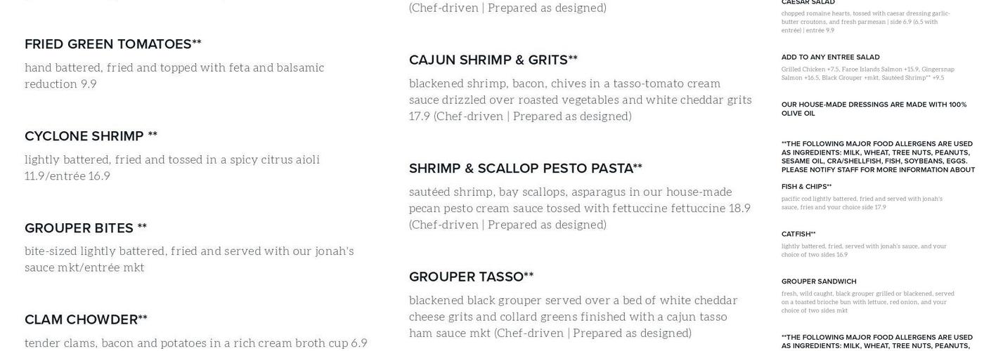 Jonah's fish & grits Menu