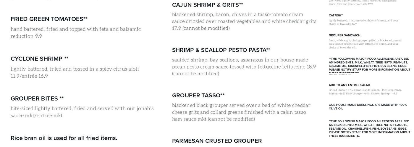 Jonah's fish & grits Menu
