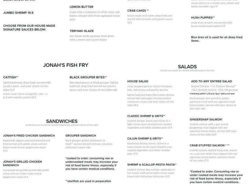 Jonah's fish & grits Menu