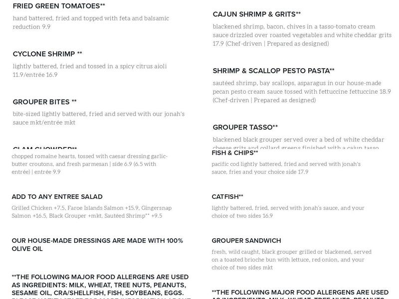 Jonah's fish & grits Menu