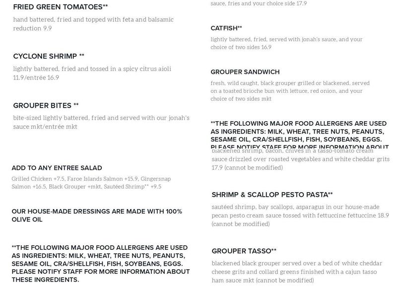 Jonah's fish & grits Menu