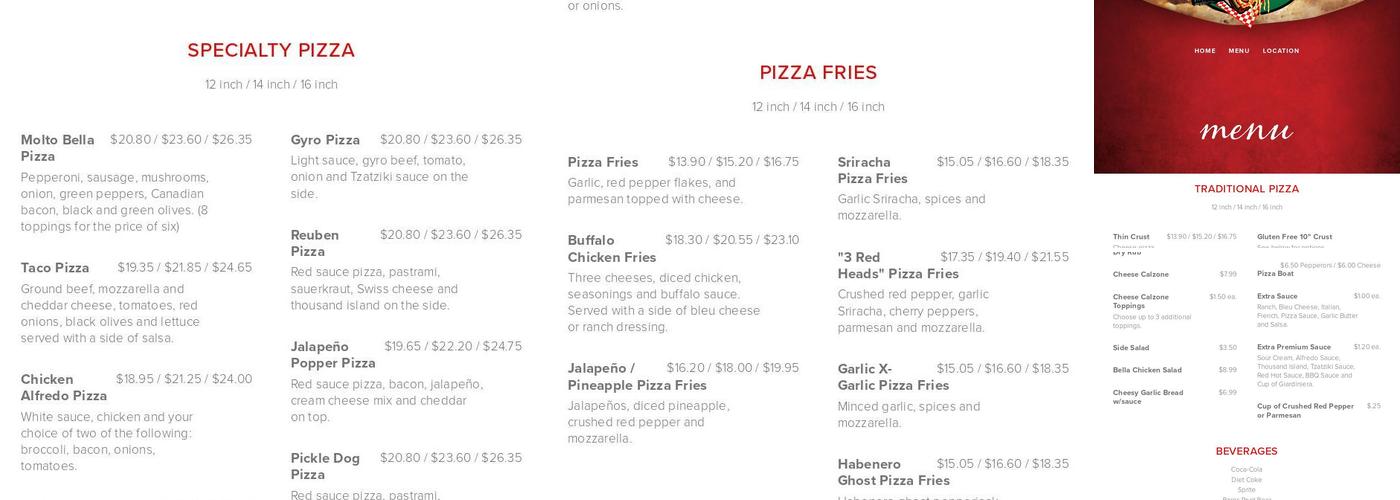 Bella Pizza Menu