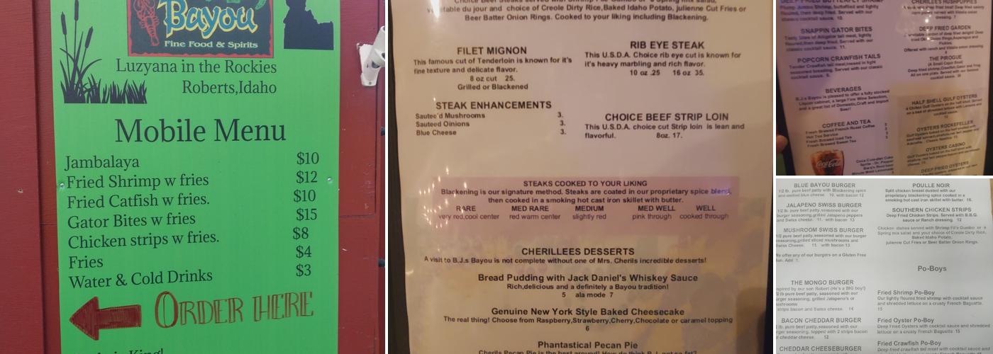 B J's Bayou Menu