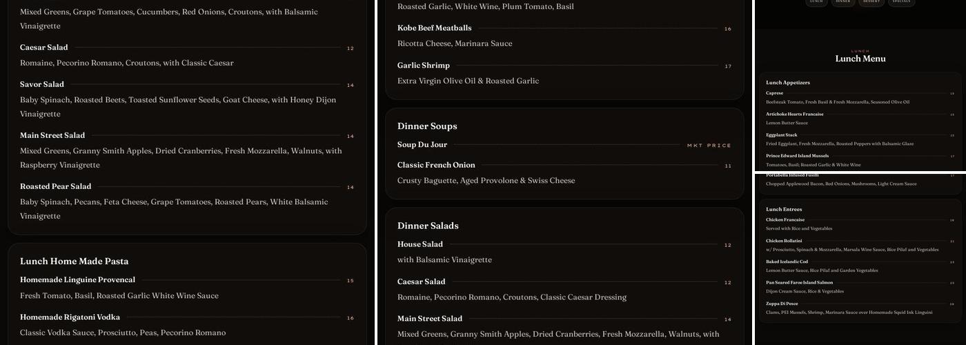 Savor Restaurant Menu