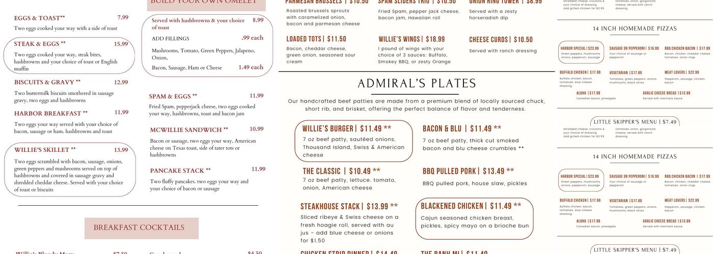 Willie's Restaurant Menu