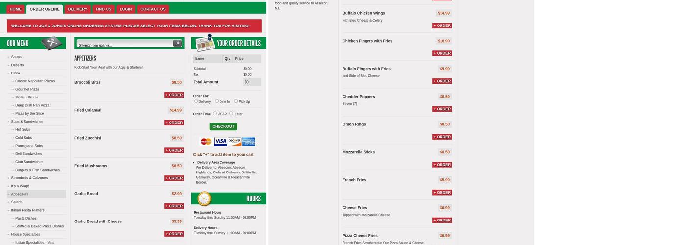 Joe and John's Italian Restaurant Menu