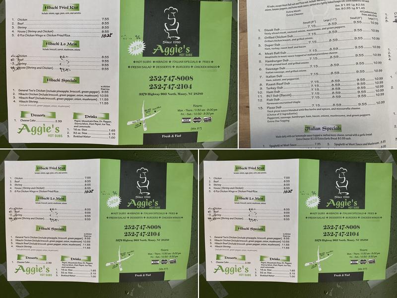 Aggie's Hot Subs Menu