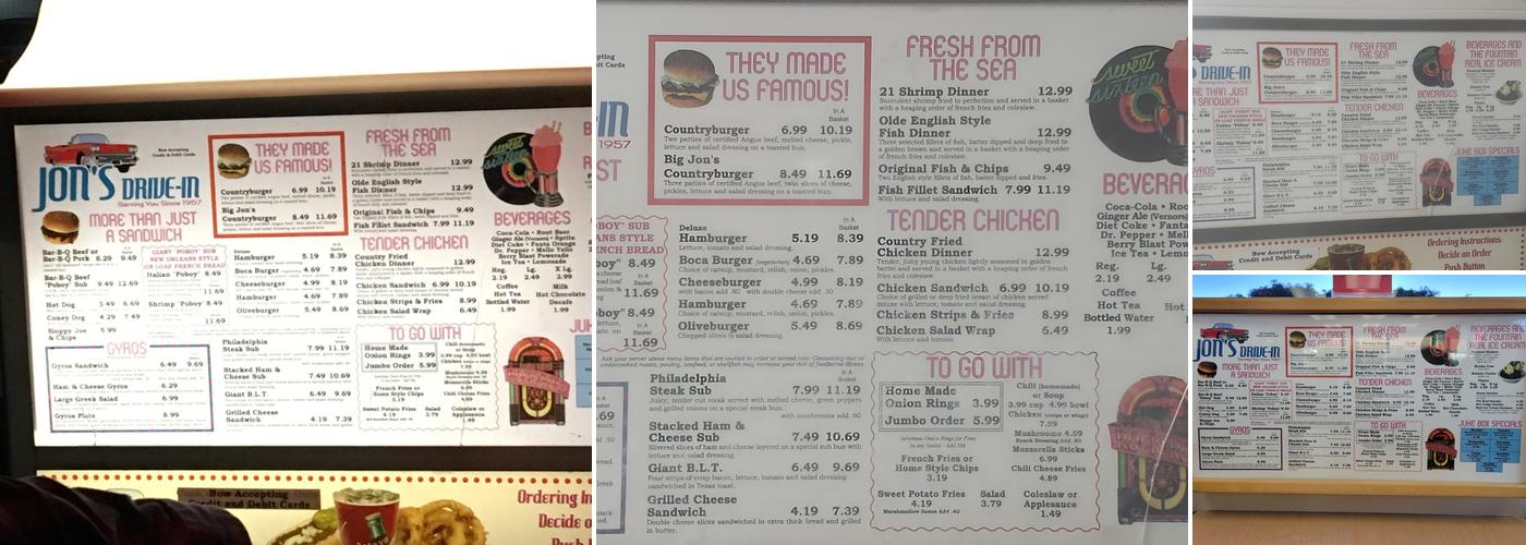 Jon's Drive In Menu