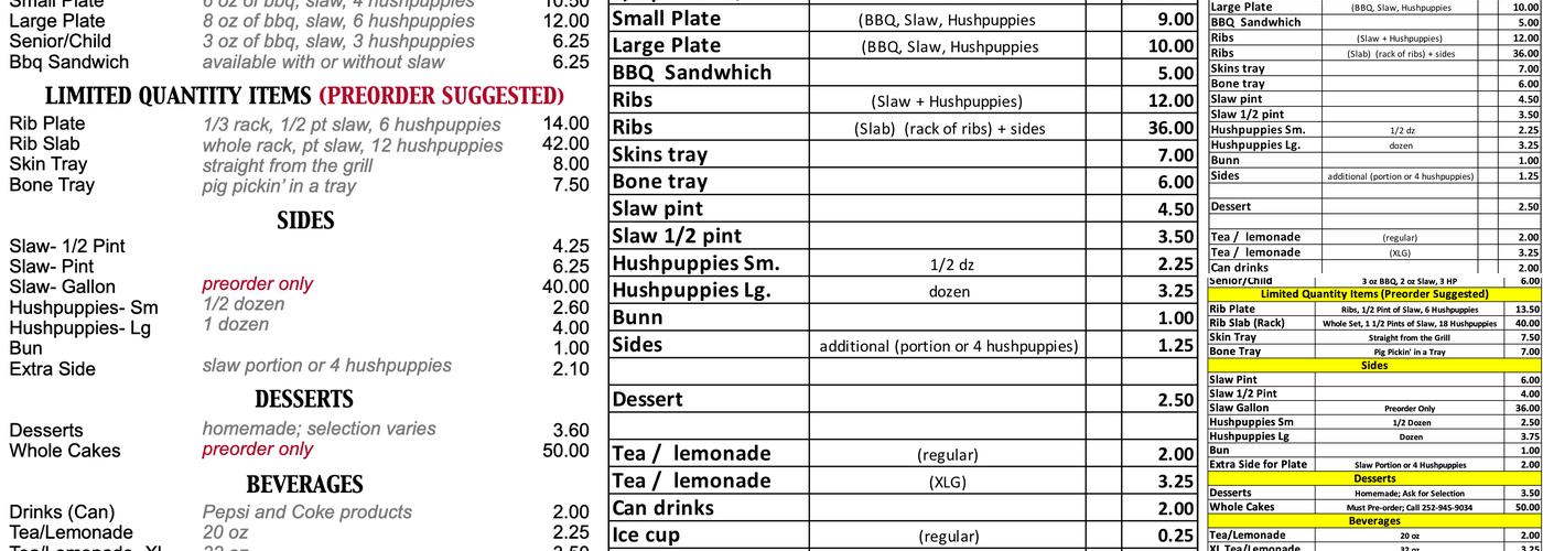 Morris Barbeque Menu