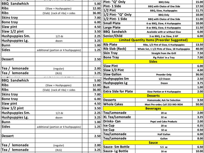 Morris Barbeque Menu