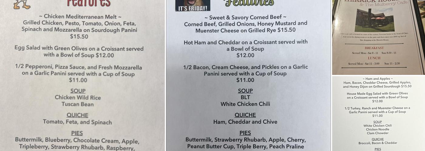 Herrick House and The Mulberry Cafe Menu