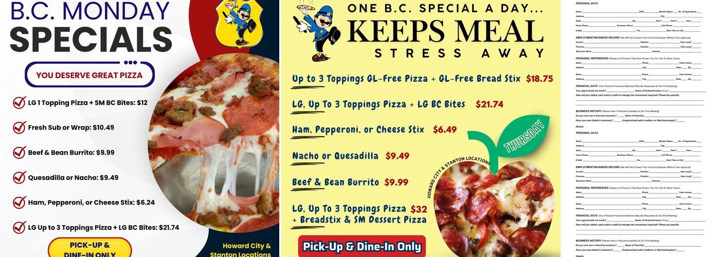 B.C. Pizza Howard City Menu