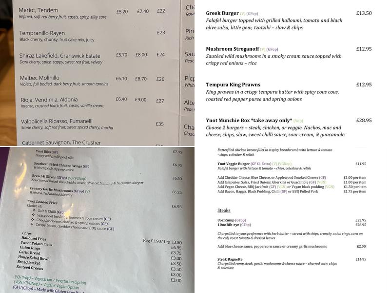 Y Not Bar & Grill Menu